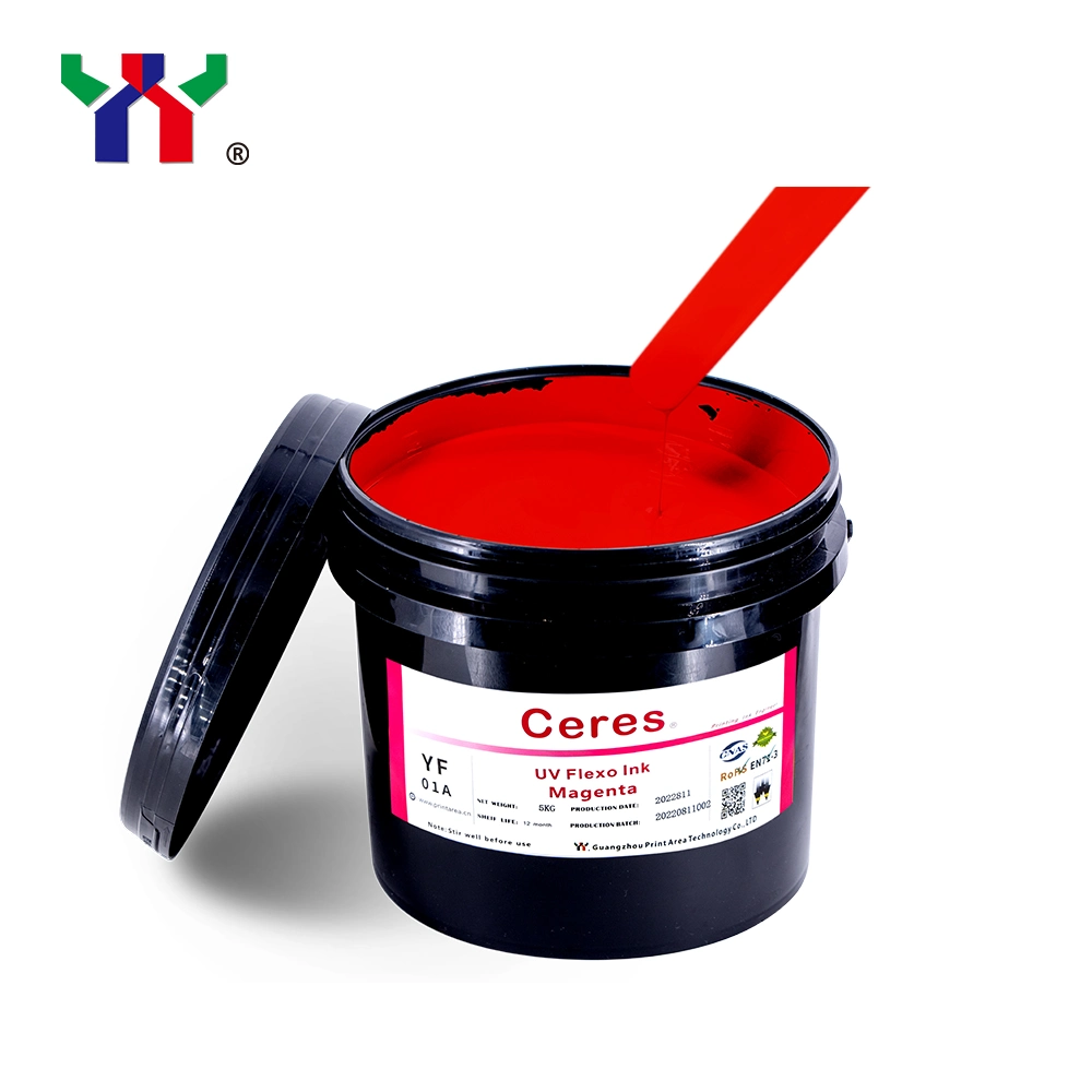 High Quality Ceres Strong Adhesive Force UV/LED Flexo Printing Ink for Paper and Label Printing (PP, PET materials) , Color Yellow, 5kg/Barrel