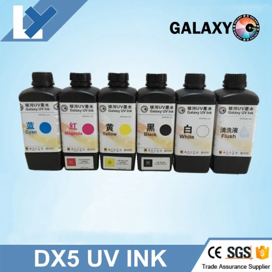 Tinta UV Galaxy de 5 colores CMYKW Tinta UV Galaxy de 1000 ml para cabezal de impresión Dx5 Fabricada en Japón Tinta de serigrafía Galaxy UV para impresión de metales Impresora de inyección de tinta UV